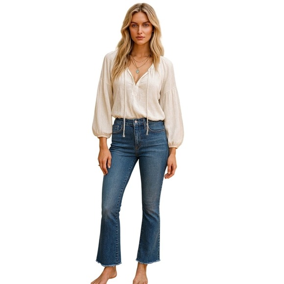 Free People Denim - Free People Wide Leg Frayed Hem Jeans 27 Boho Mid Rise Ankle Denim Blue